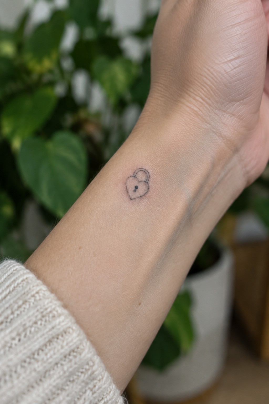 Small heart padlock tattoo on wrist beside white knit sweater cuff
