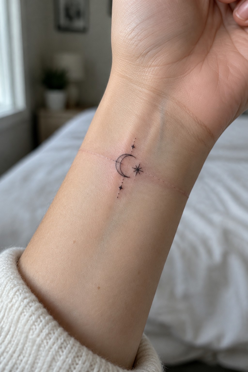 Fine line crescent moon and star tattoo on the inner wrist with a thin horizontal line through the center