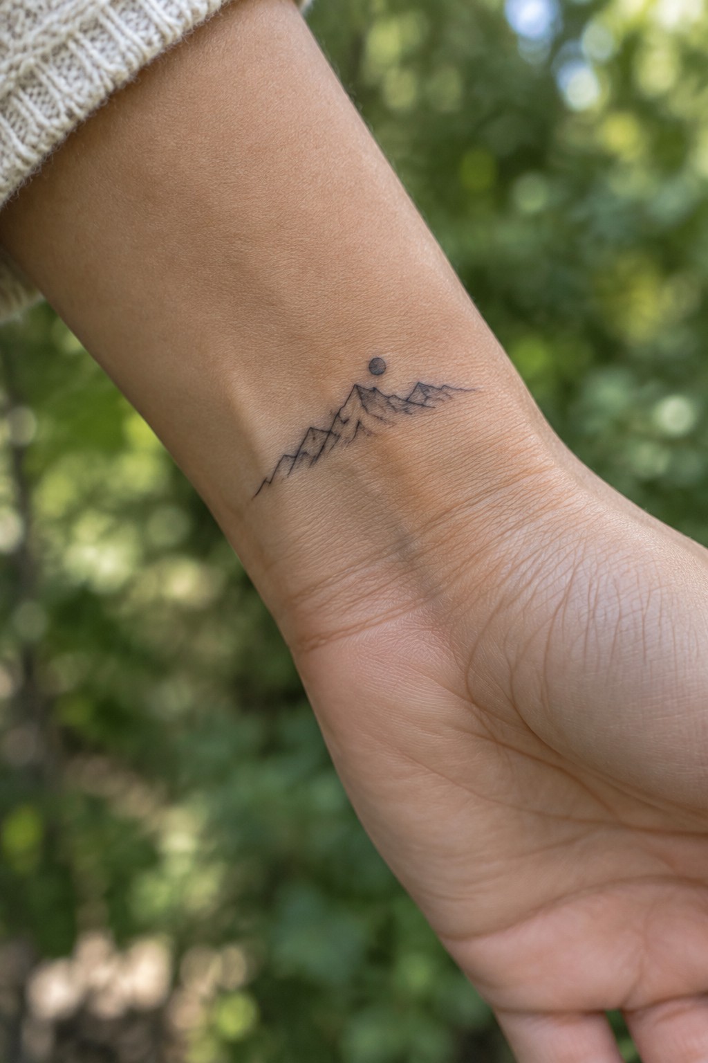 Fine line tattoo of a mountain range with a small sun on the inner wrist