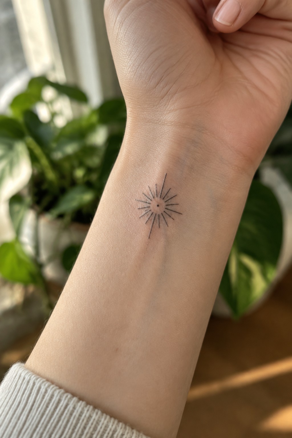 Fine line sunburst tattoo with thin rays extending from a central dot on the inner wrist.