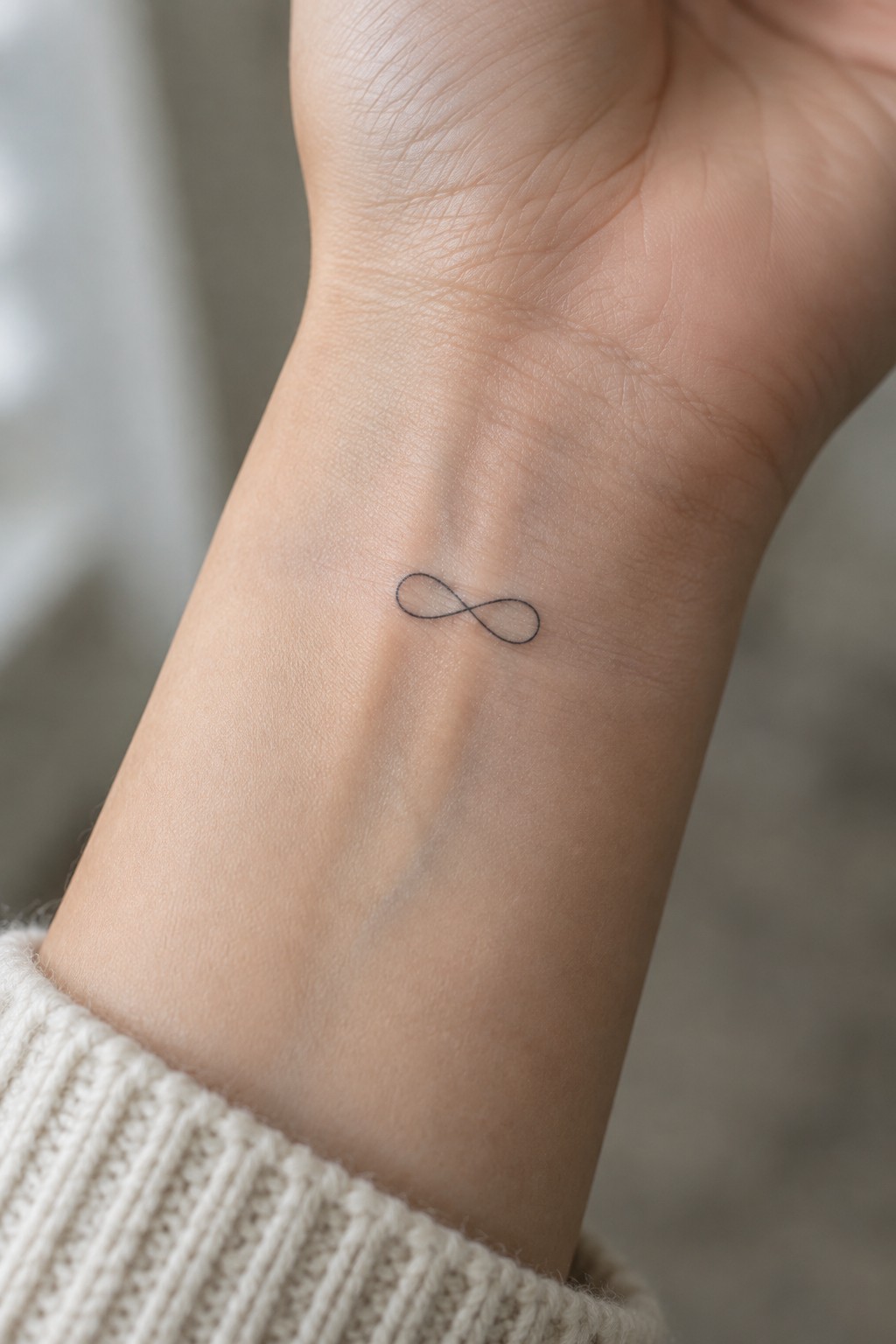 Small black infinity tattoo on wrist above white knitted sweater cuff