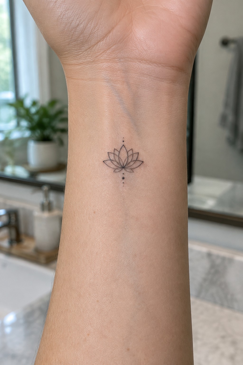 Minimalist black lotus flower tattoo with dots on inner wrist