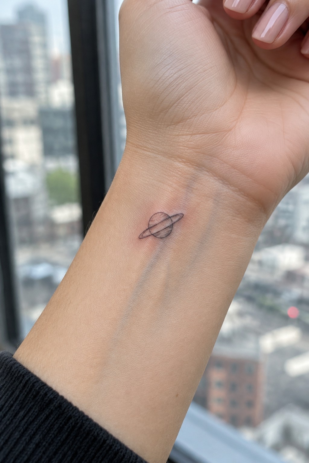 Wrist with small Saturn tattoo, black sleeve, and light pink manicured nails by window.