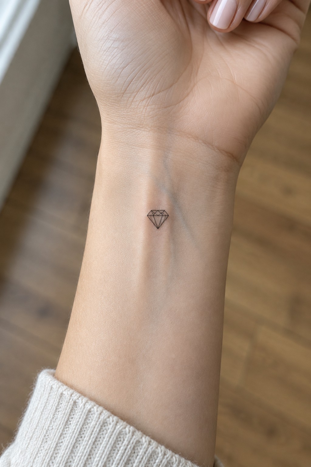 Small diamond tattoo on inner wrist above white knit sweater cuff on wood floor