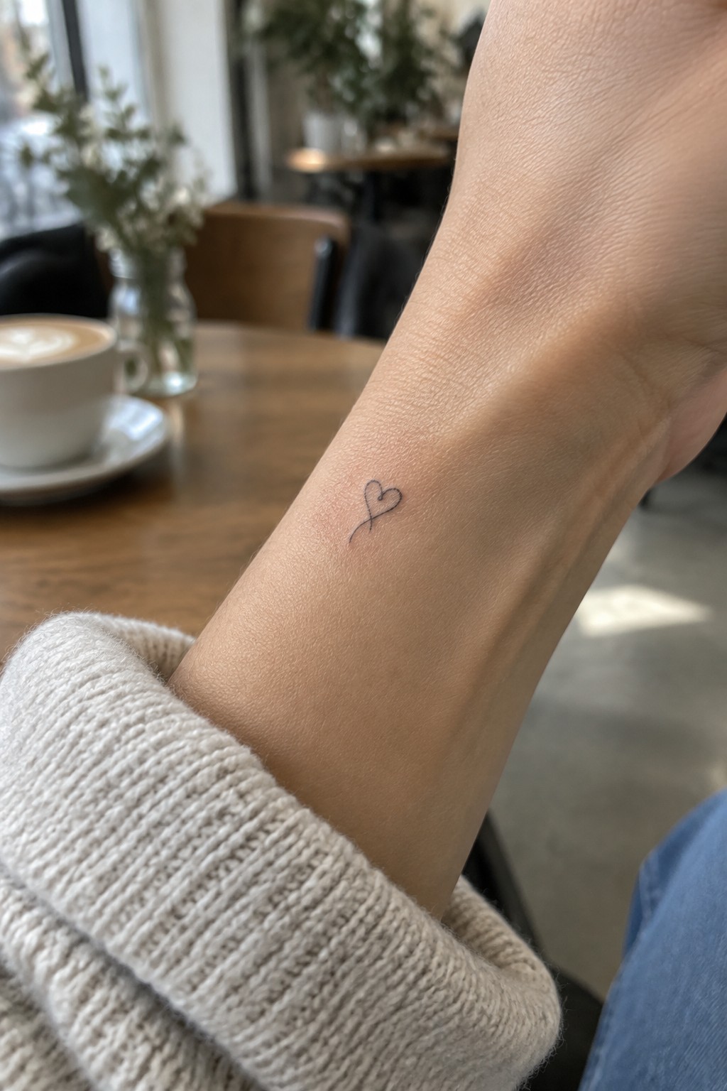 Tiny black heart tattoo on wrist above beige knit sweater on wooden table