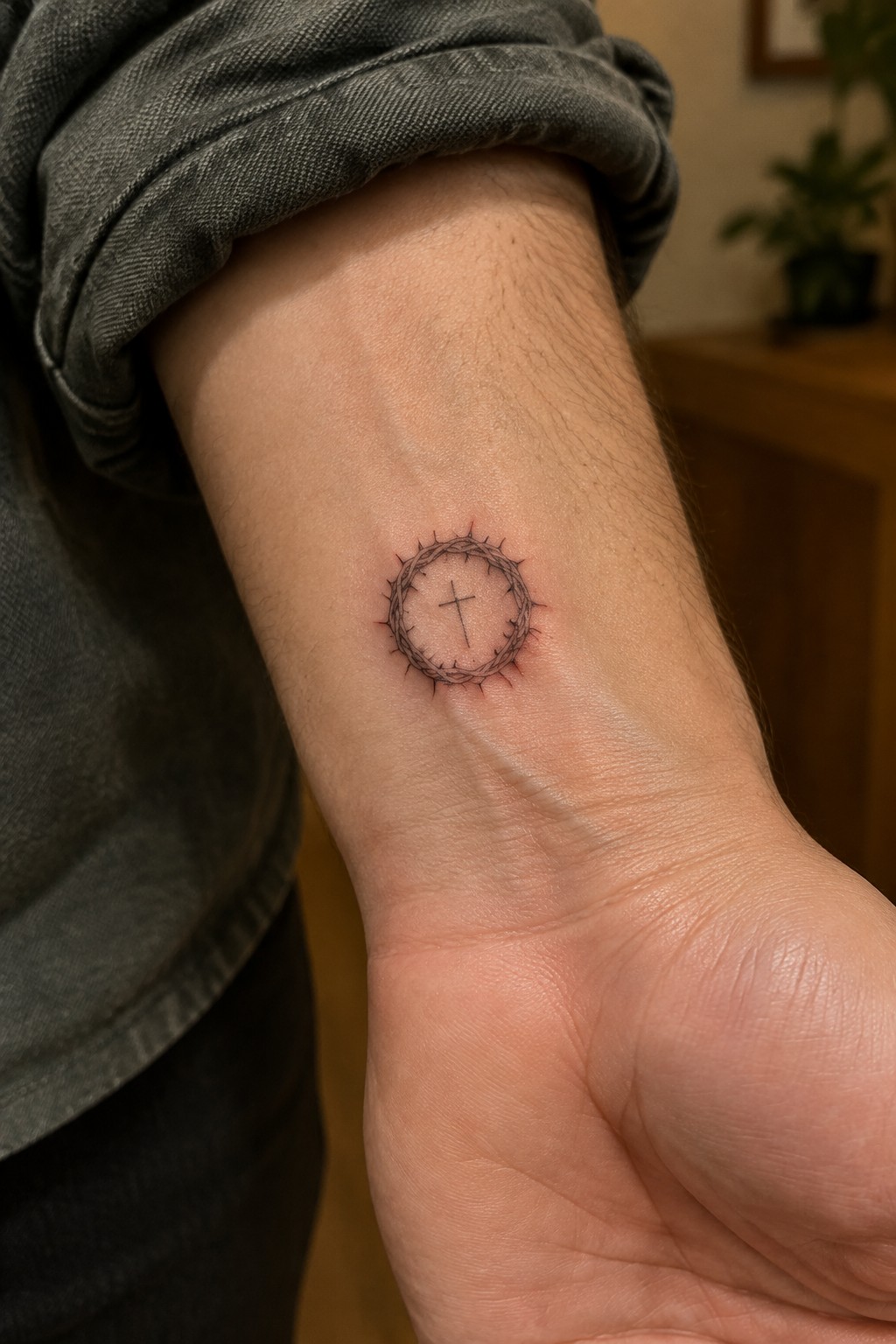 Small crown of thorns tattoo with cross on wrist, gray rolled-up sleeve.
