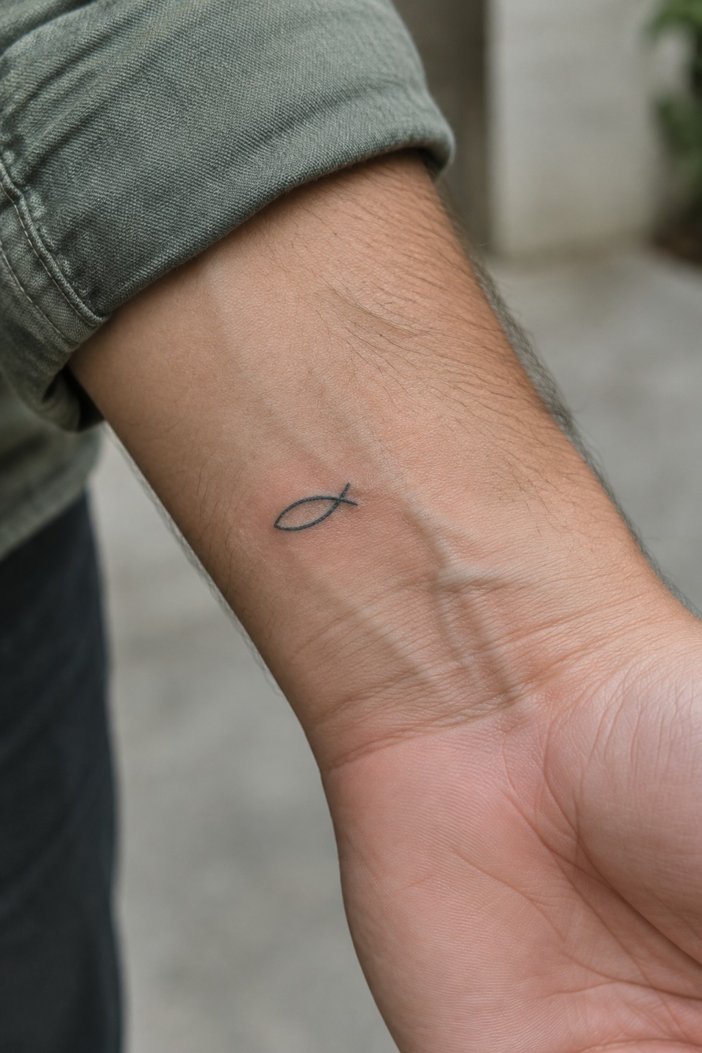 Small fish tattoo on inner wrist below rolled green sleeve