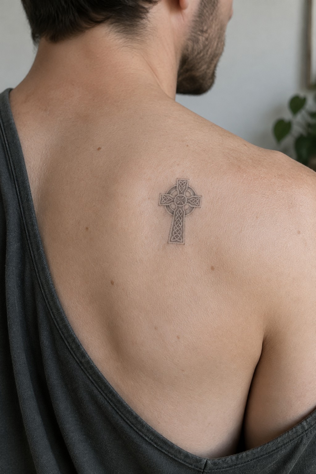Small Celtic cross tattoo with knotwork details on a man's upper back near the shoulder blade