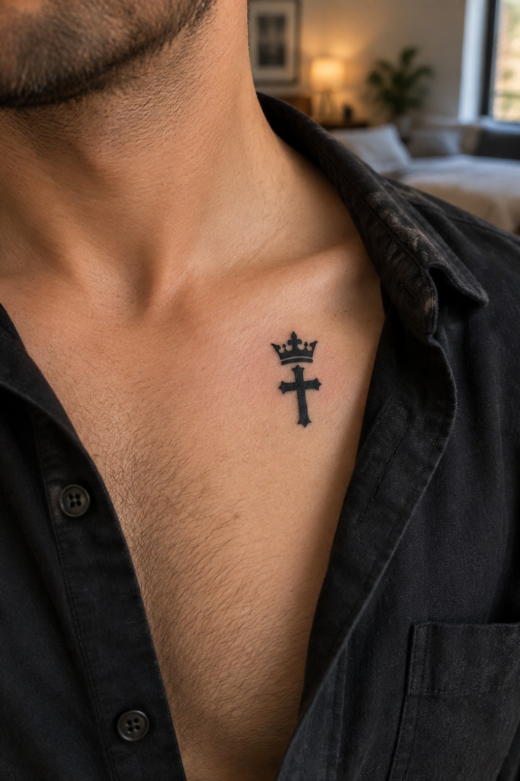 Man's chest with black crown-and-cross tattoo beneath open dark shirt