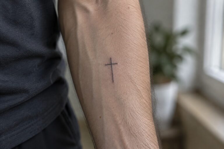18 Simple Christian Tattoo Ideas for Men Using Small Faith Symbols Small thin line cross tattoo on the inner forearm of a man.