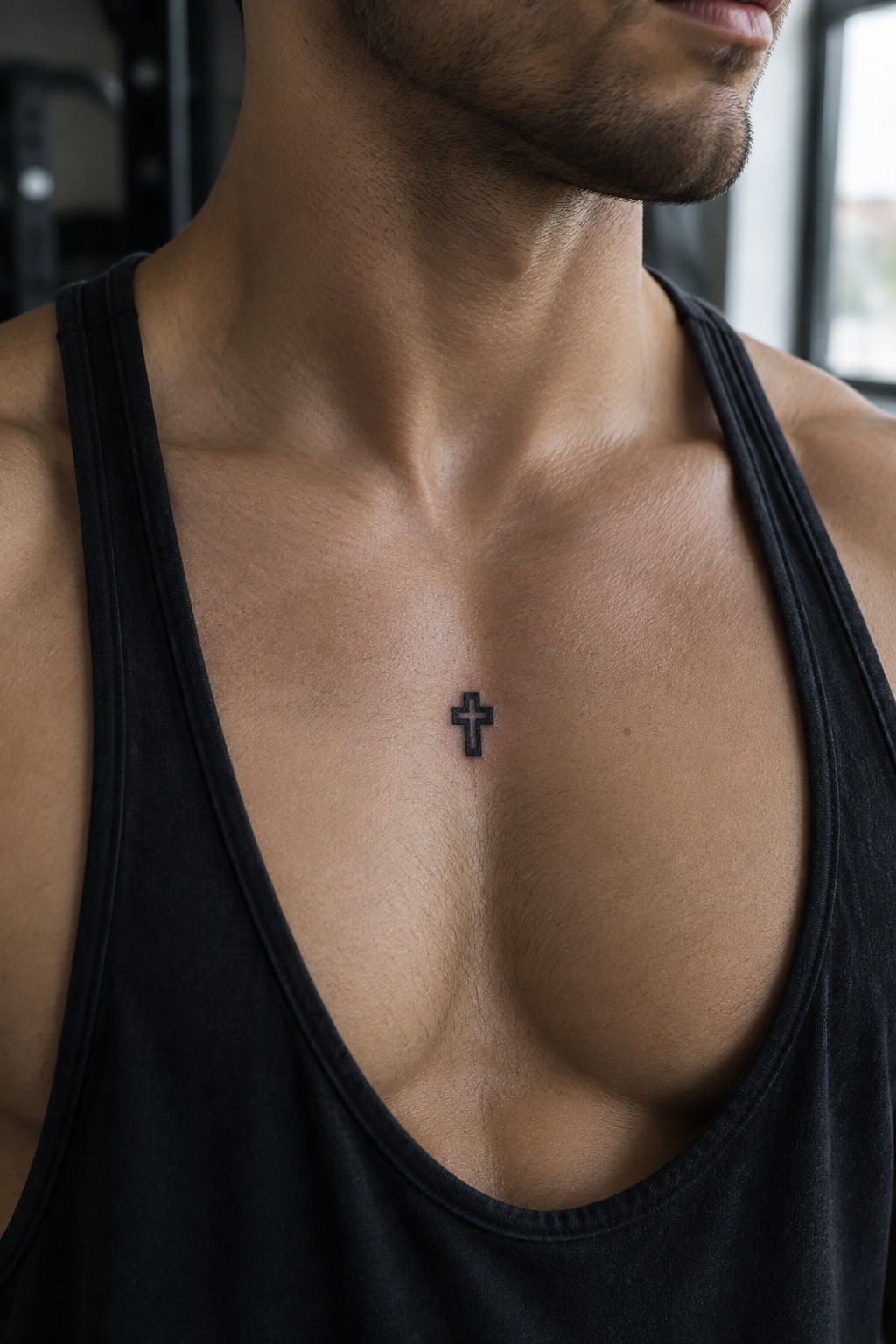 Muscular man's chest with small cross tattoo, wearing black tank top.