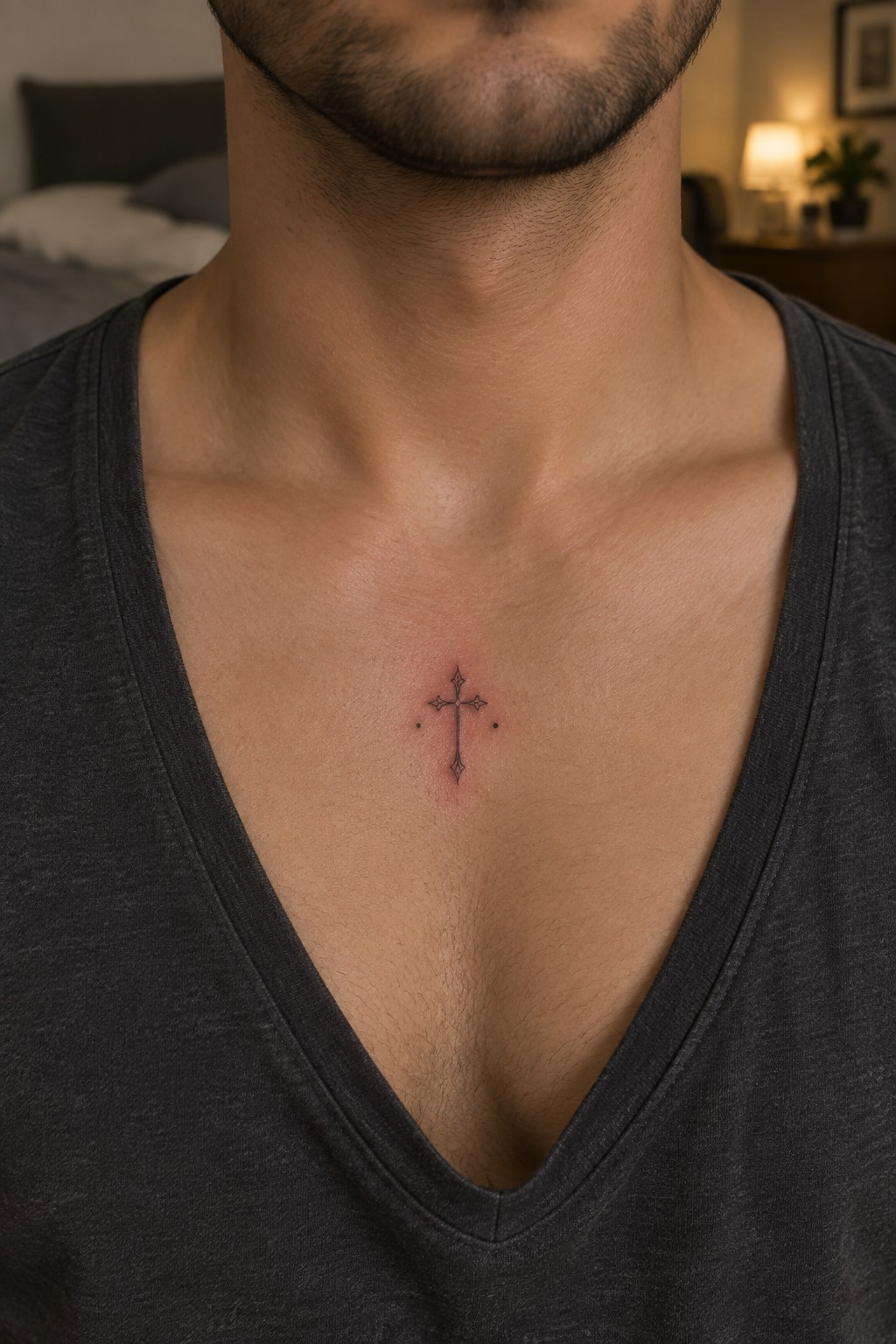 Man's chest with fresh ornate cross tattoo under dark gray V-neck shirt