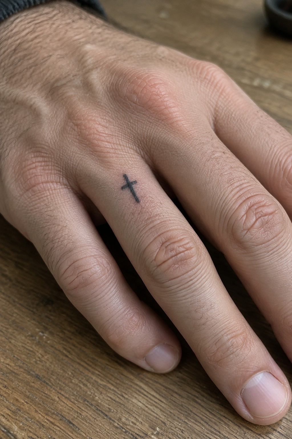 Hand with small black cross tattoo on ring finger resting on wooden table