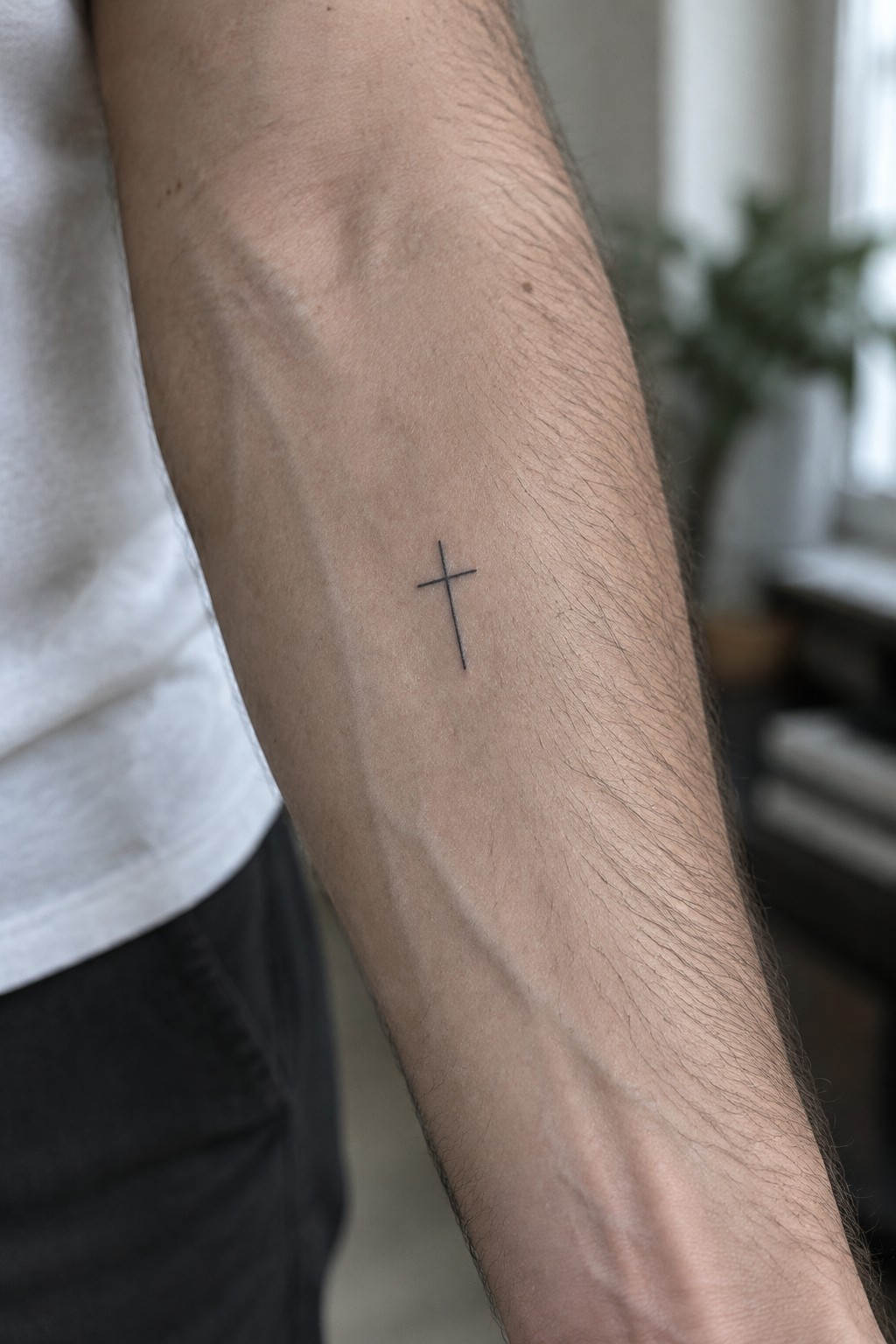 Small thin line cross tattoo on the inner forearm of a man.