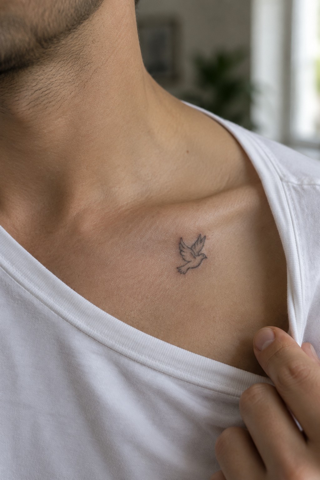 Small line drawing of a flying dove tattoo on a man's upper chest near the collarbone