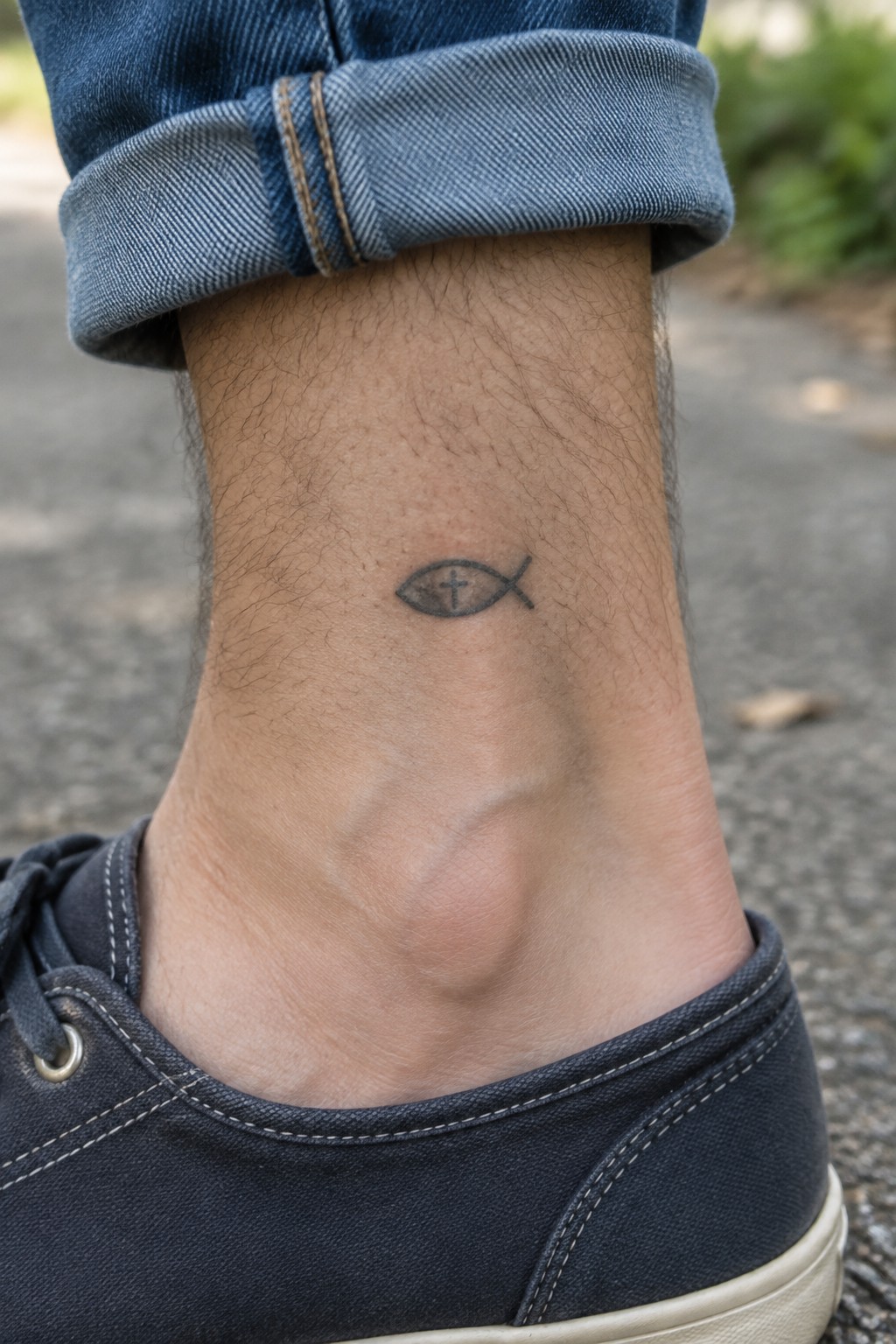 Small black ink ichthys fish tattoo with cross on a man's ankle above a dark sneaker