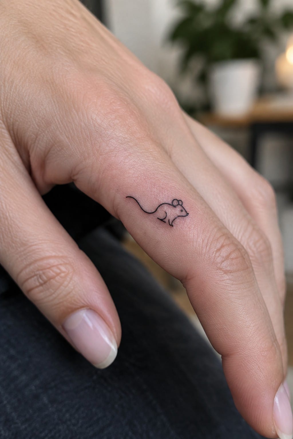 Hand with pale pink nails and tiny black mouse tattoo on ring finger.