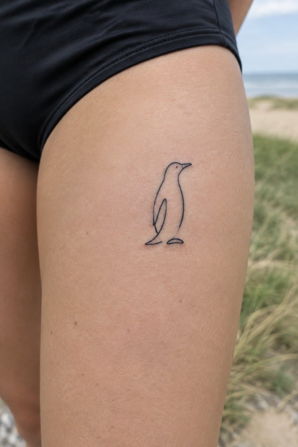 Black line penguin tattoo on thigh above black shorts at beach