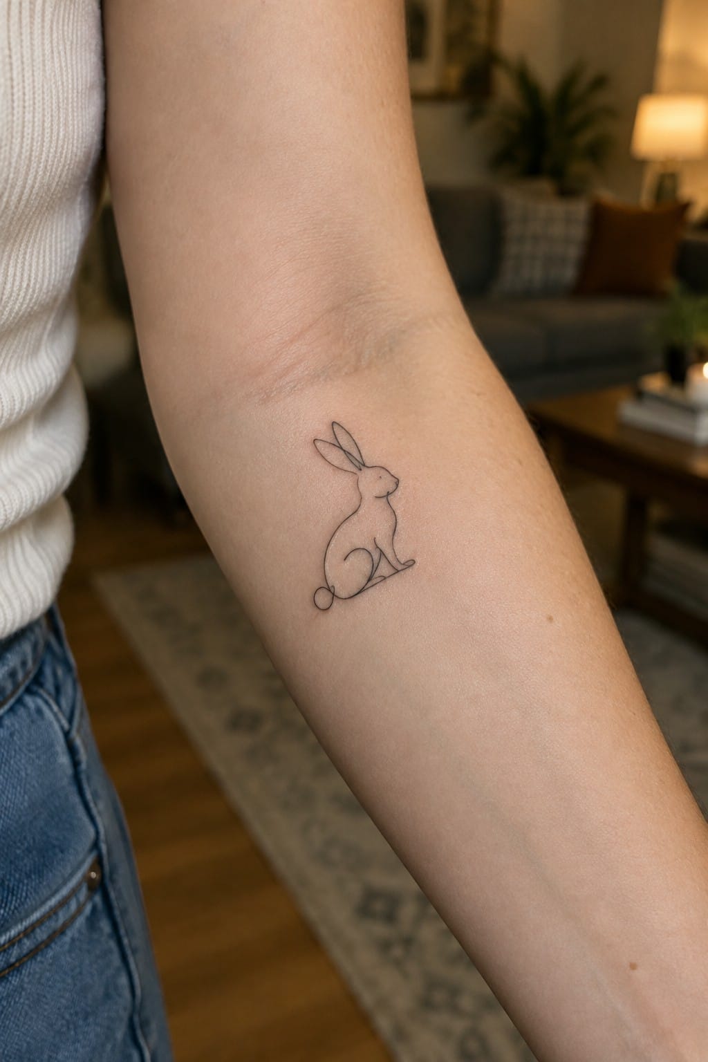 Minimalist single-line tattoo of a sitting rabbit on the inner forearm