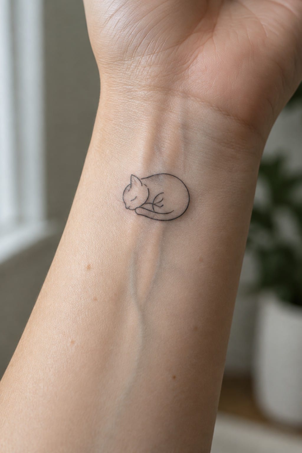 Minimalist black line tattoo of a curled sleeping cat on wrist.