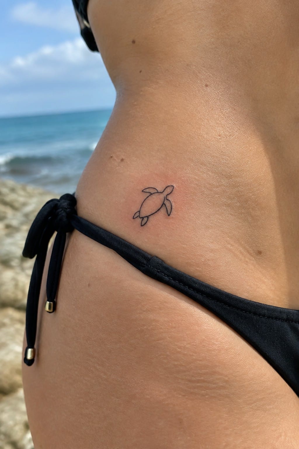 Small sea turtle tattoo on hip above black string bikini by ocean