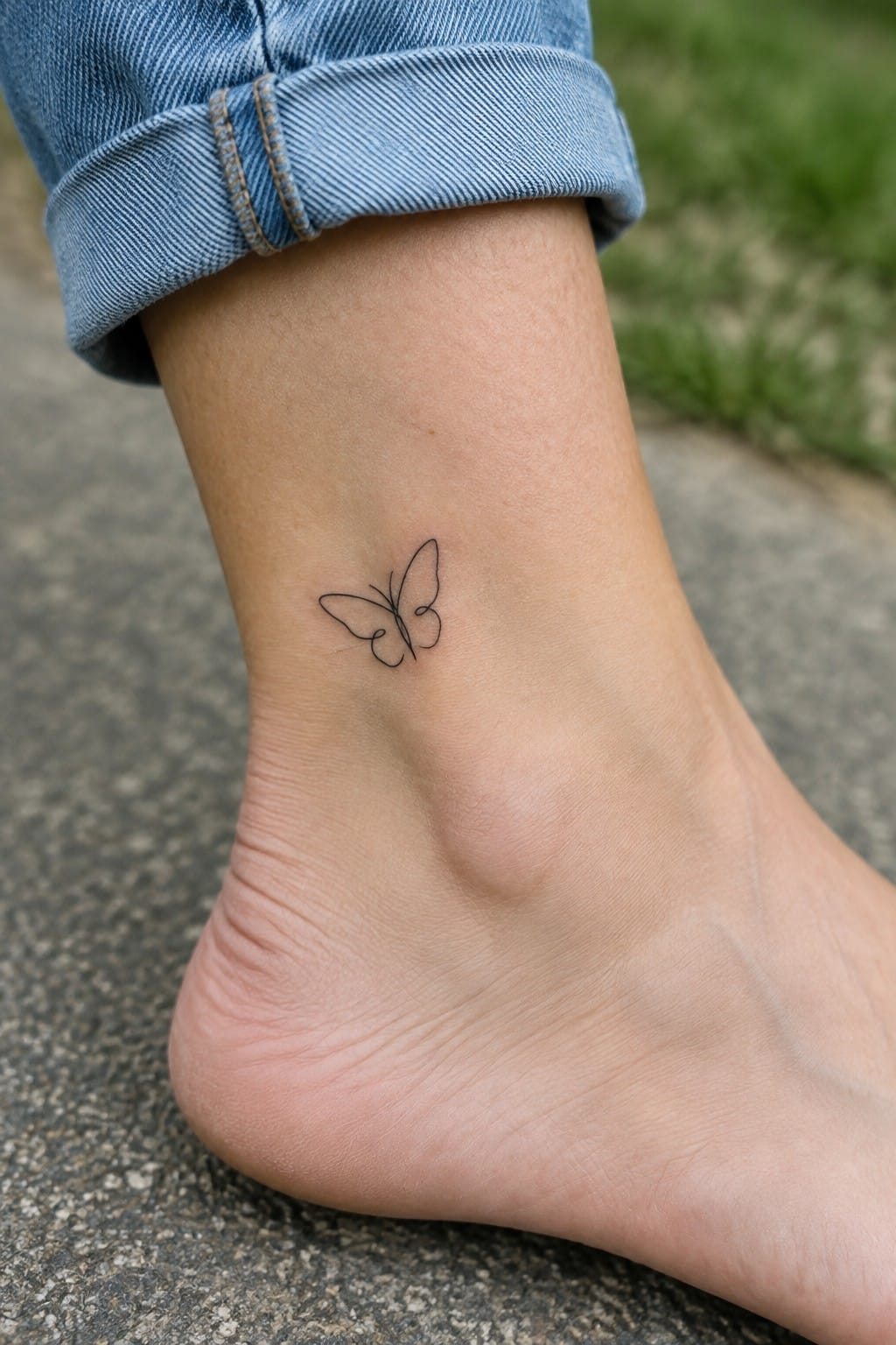 Minimalist single line butterfly tattoo on the ankle