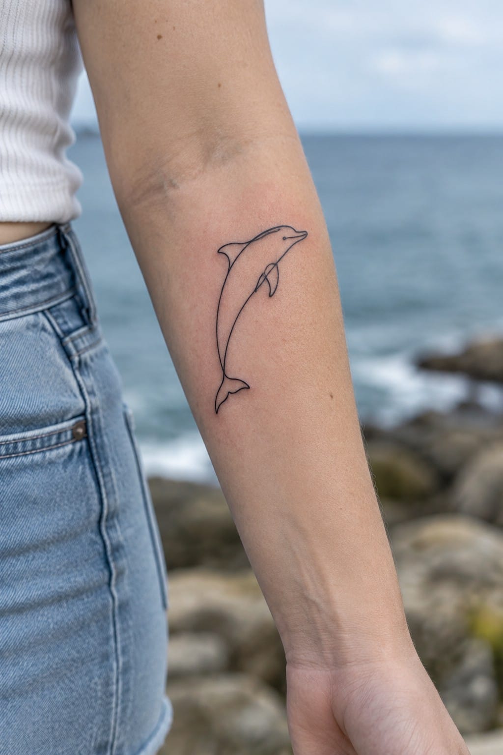 Line art dolphin tattoo on forearm of person in jeans by the ocean