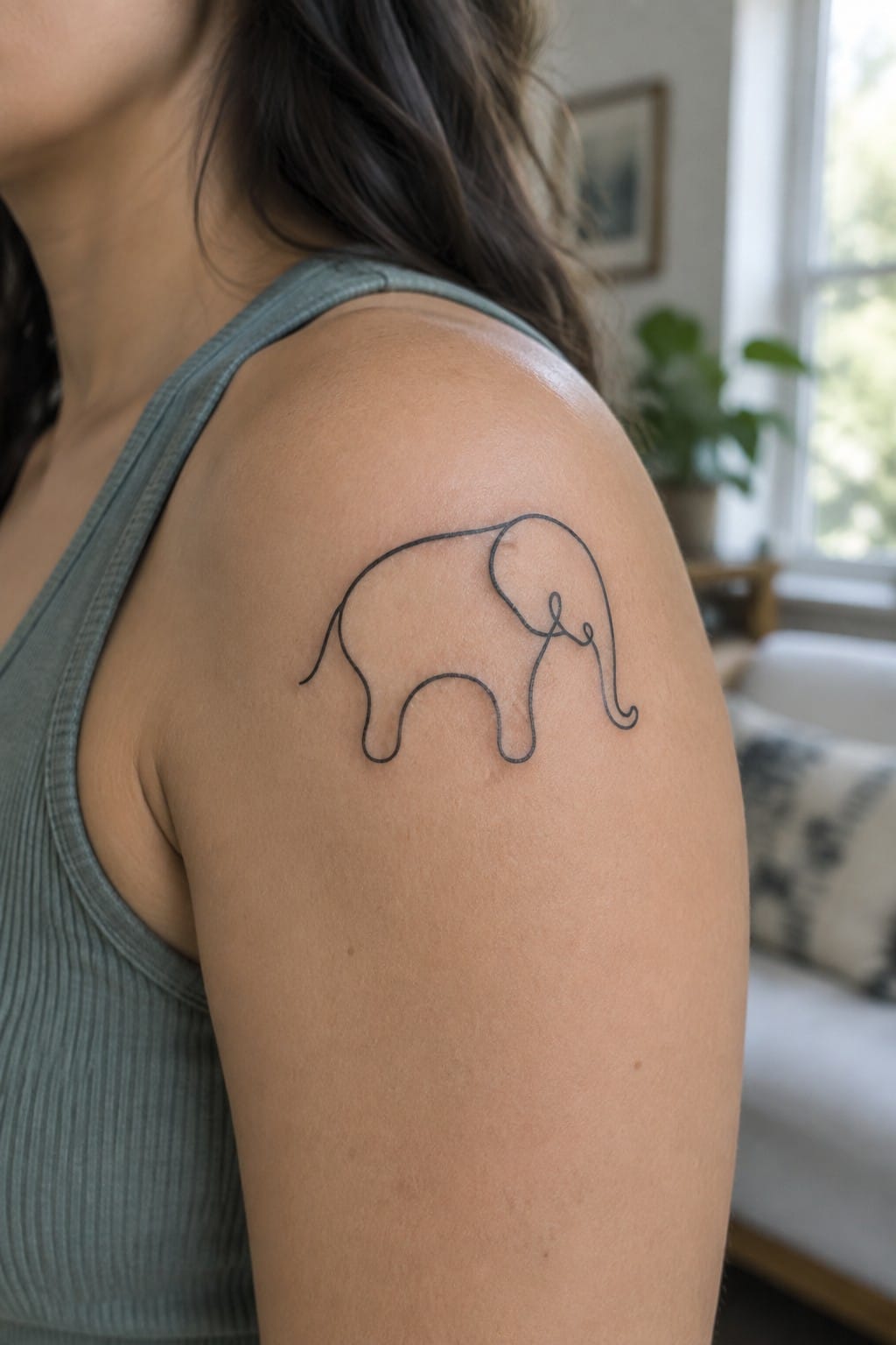 Shoulder with minimalist single-line elephant tattoo on gray ribbed tank top.