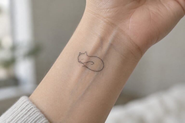 Minimalist black line tattoo of a curled sleeping cat on wrist.