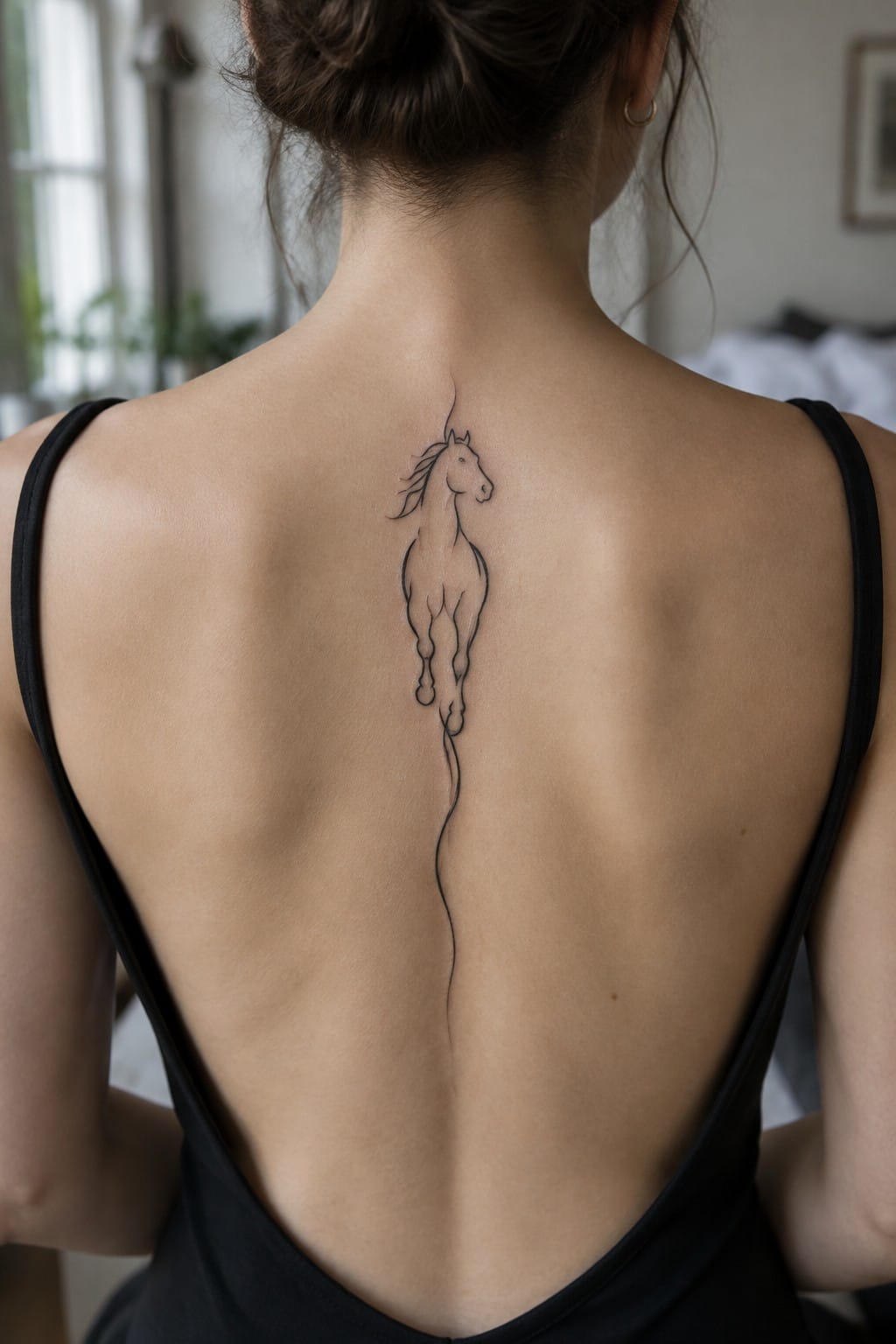 Woman's back with black horse tattoo running down spine in tank top