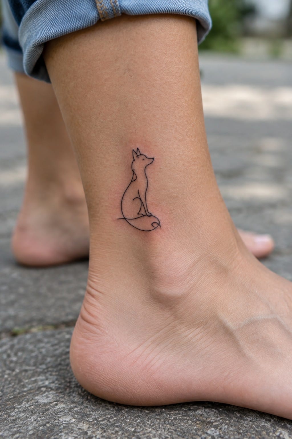 Minimalist single line tattoo of a sitting fox on the outer ankle.