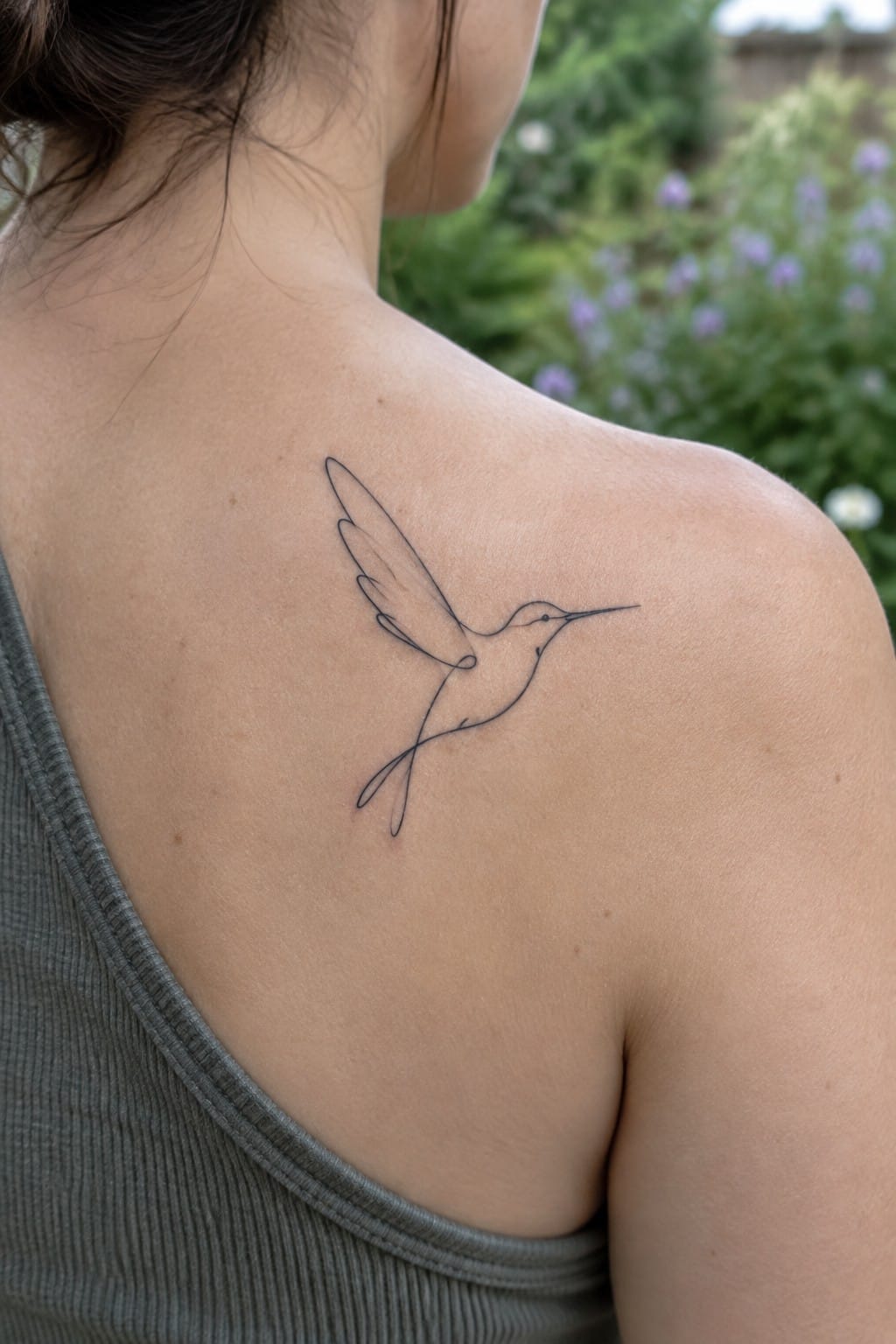 Black line art hummingbird tattoo on woman's shoulder above gray tank top