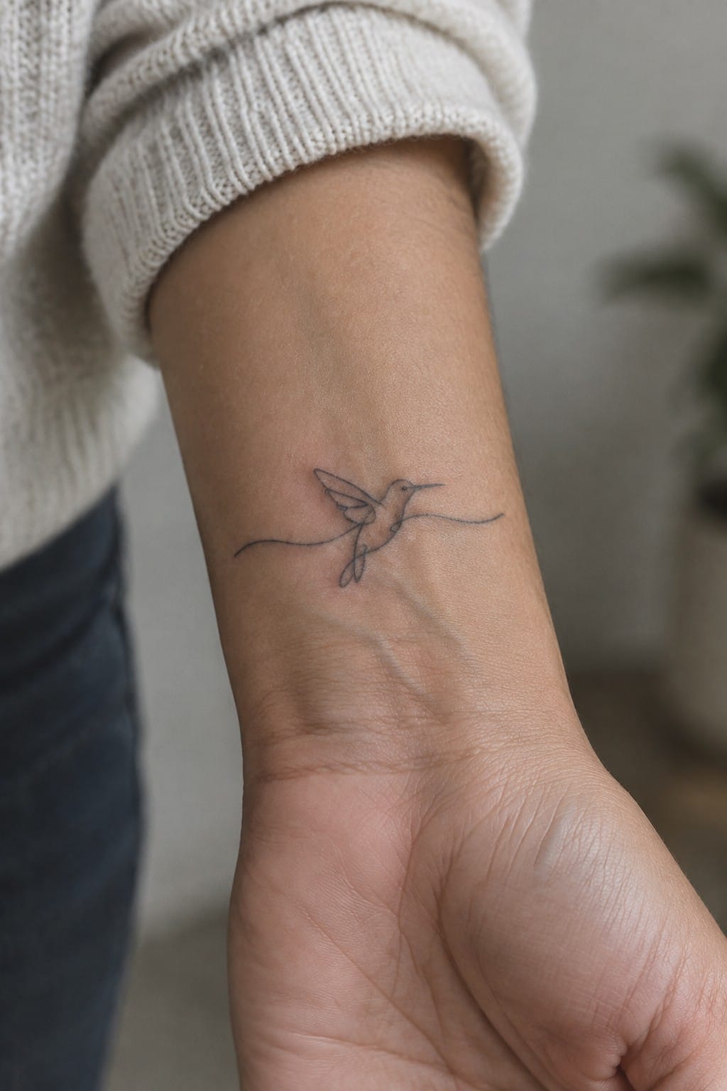 Minimalist single line hummingbird tattoo on the inner wrist