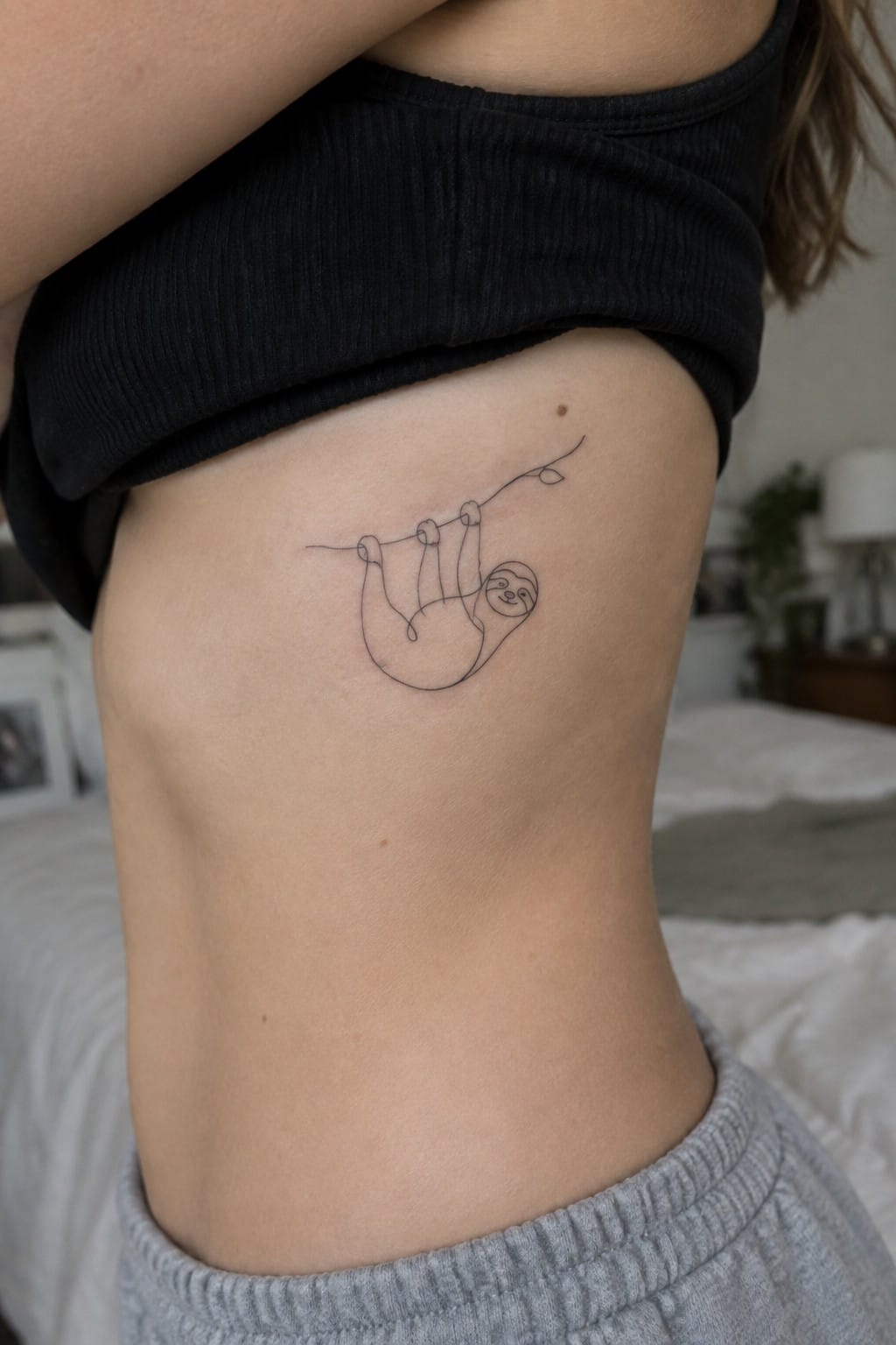 Minimalist line-art sloth tattoo on side under lifted black top