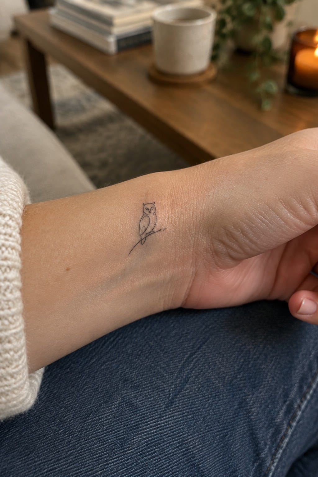 Small single-line owl tattoo on the inner wrist perched on a thin branch in minimalist style