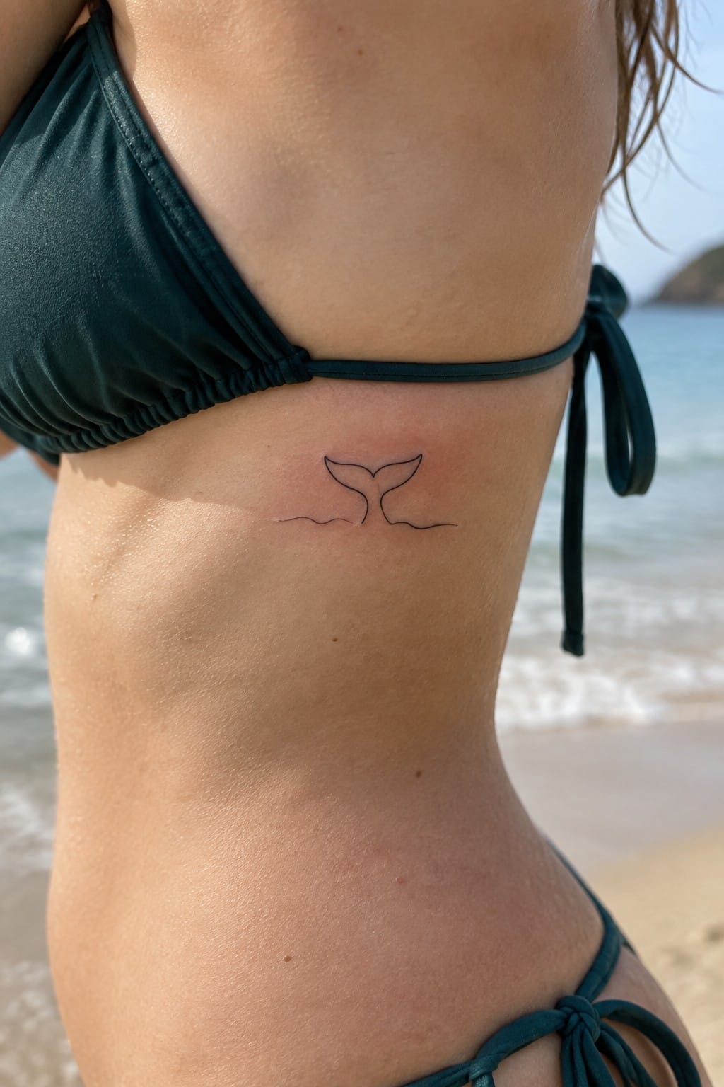 Woman in dark green bikini with whale tail tattoo on ribs by ocean