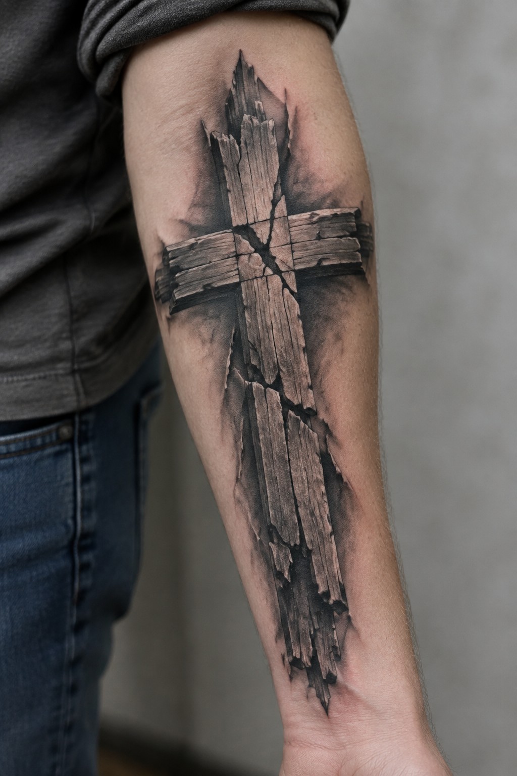 Realistic black-and-gray tattoo of a shattered wooden cross on forearm