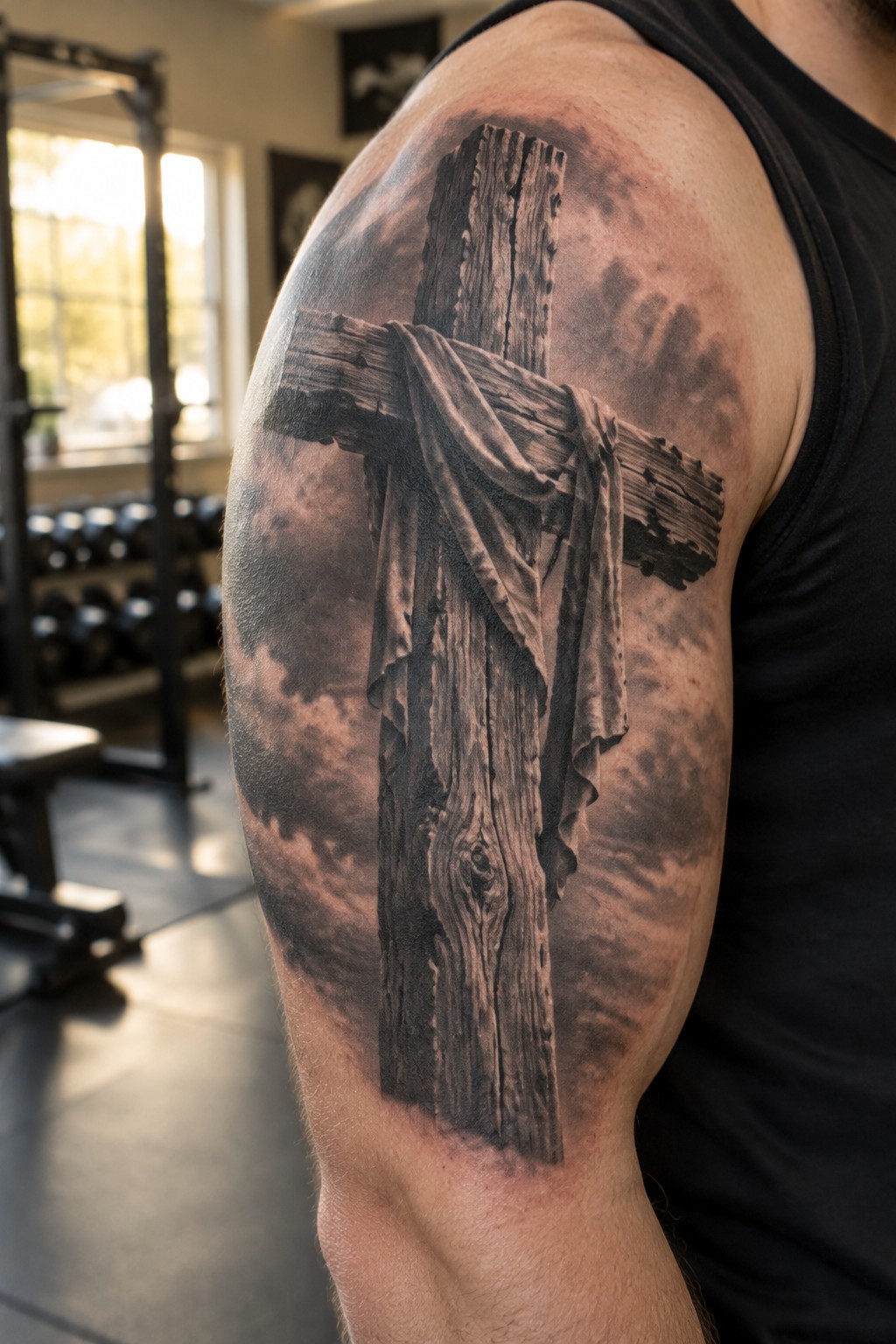 Realistic black and gray tattoo of a large wooden cross with draped cloth on a man's upper arm