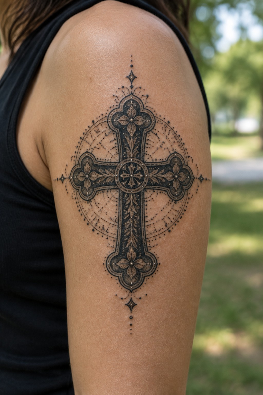 Black and grey ornate cross tattoo on upper arm with floral details, dotwork, and circular patterns around the arms.