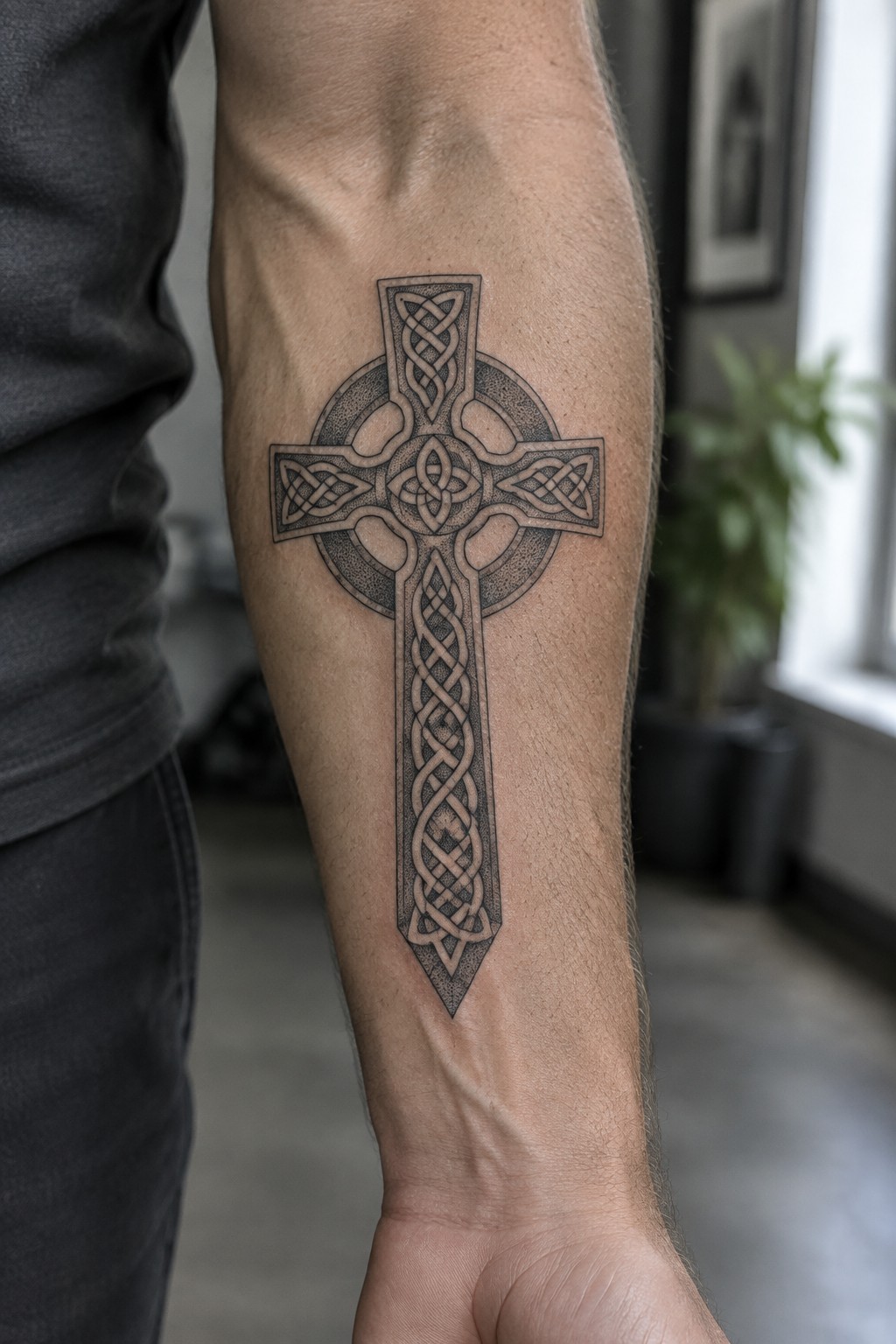 Ornate Celtic cross tattoo with knotwork on person's forearm in gray shirt.