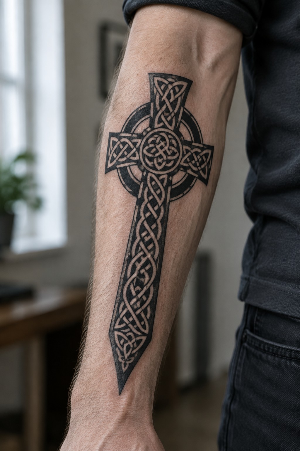 A tall Celtic cross tattoo with knotwork patterns in black ink placed vertically on a man's forearm