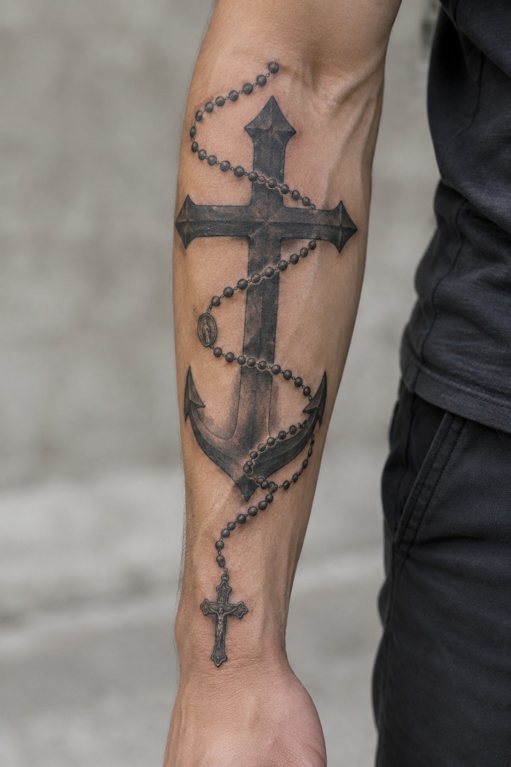 Black and gray cross-anchor tattoo wrapped in rosary beads on arm