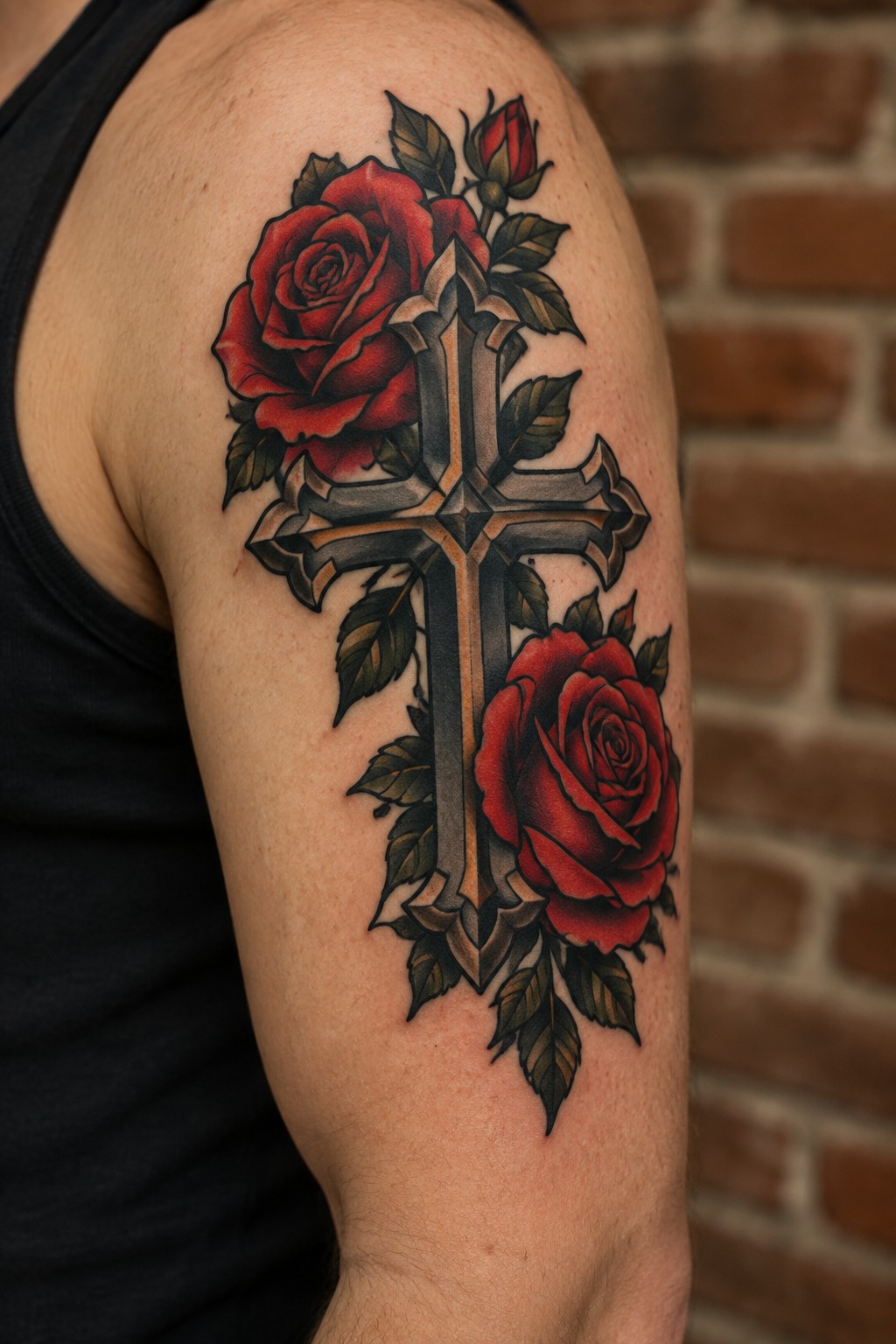 Ornate cross tattoo with red roses on shoulder above black tank top against brick wall