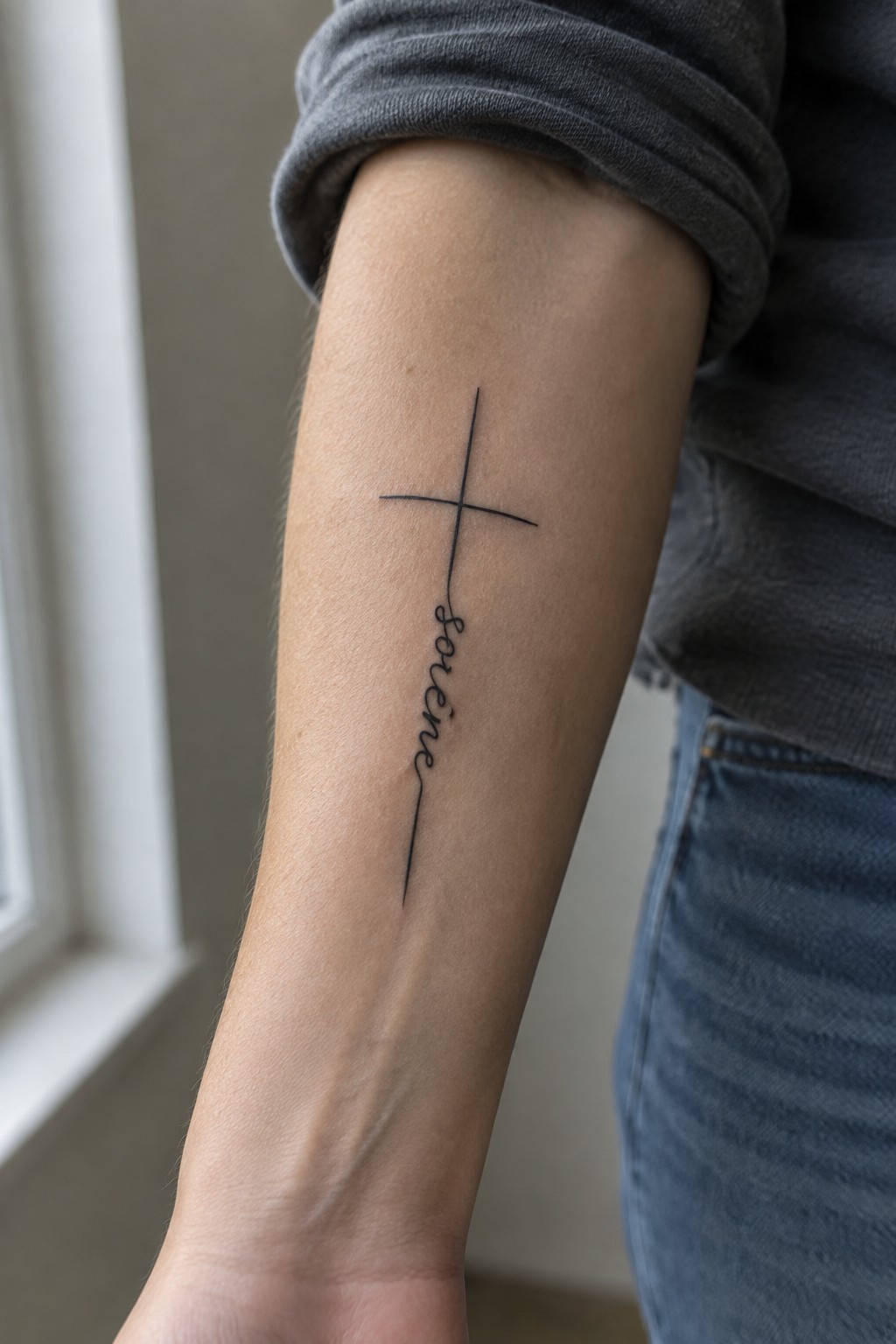 Forearm in gray rolled-up shirt with black cross and 'soreine' tattoo above blue jeans.
