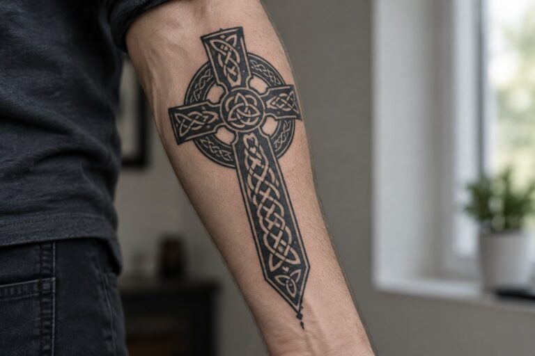 18 Strong Cross Tattoos for Men Designed for Forearm and Upper Arm Placement A tall Celtic cross tattoo with knotwork patterns in black ink placed vertically on a man's forearm