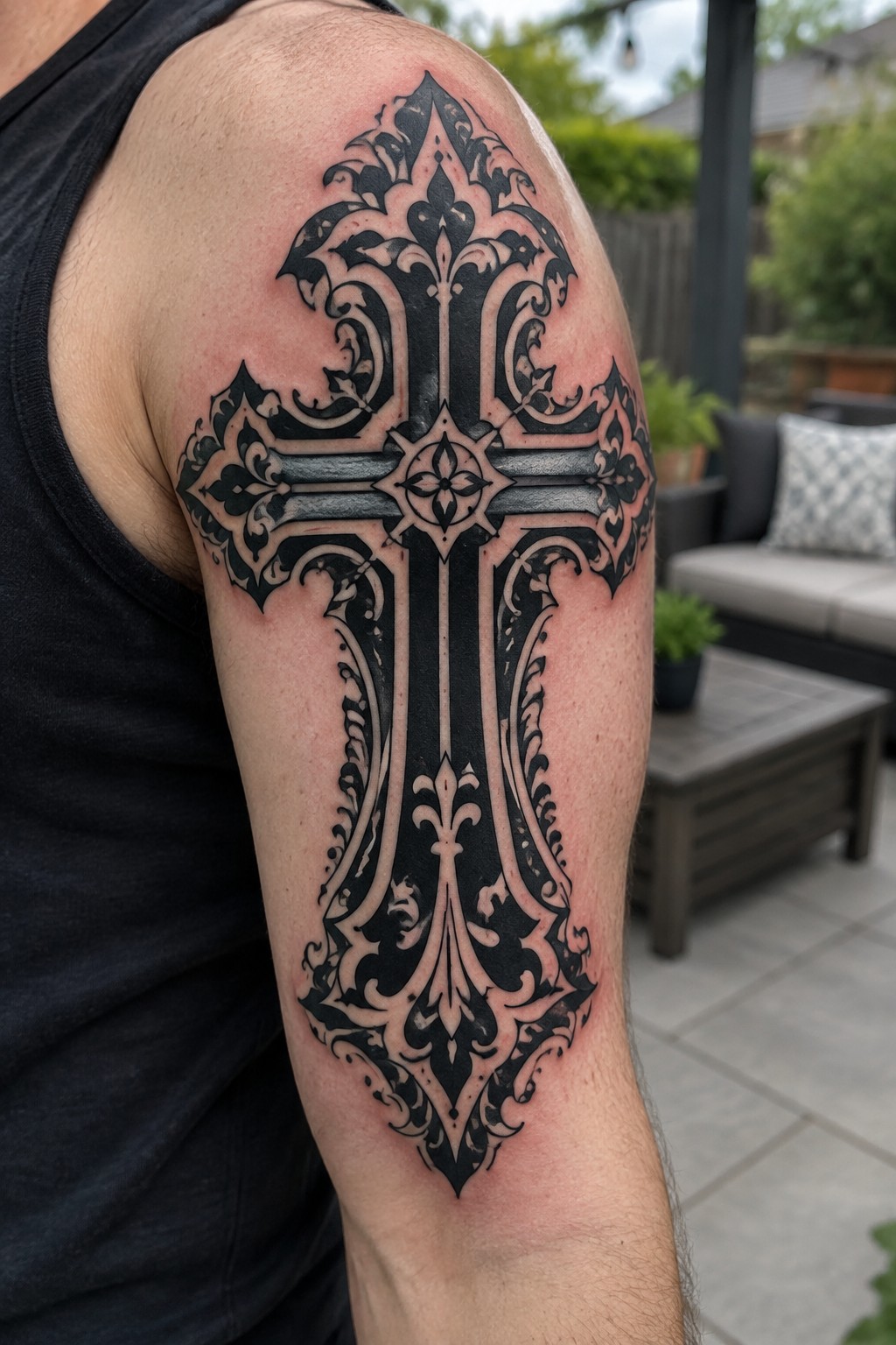 Ornate black cross tattoo on upper arm of person in black tank top.