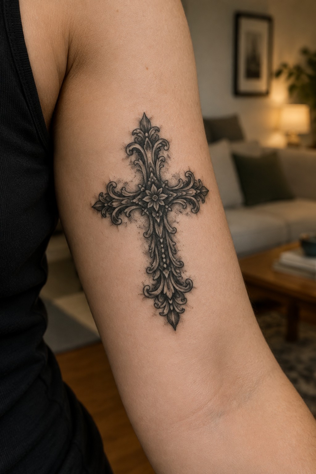 Ornate black floral cross tattoo on upper arm in black tank top