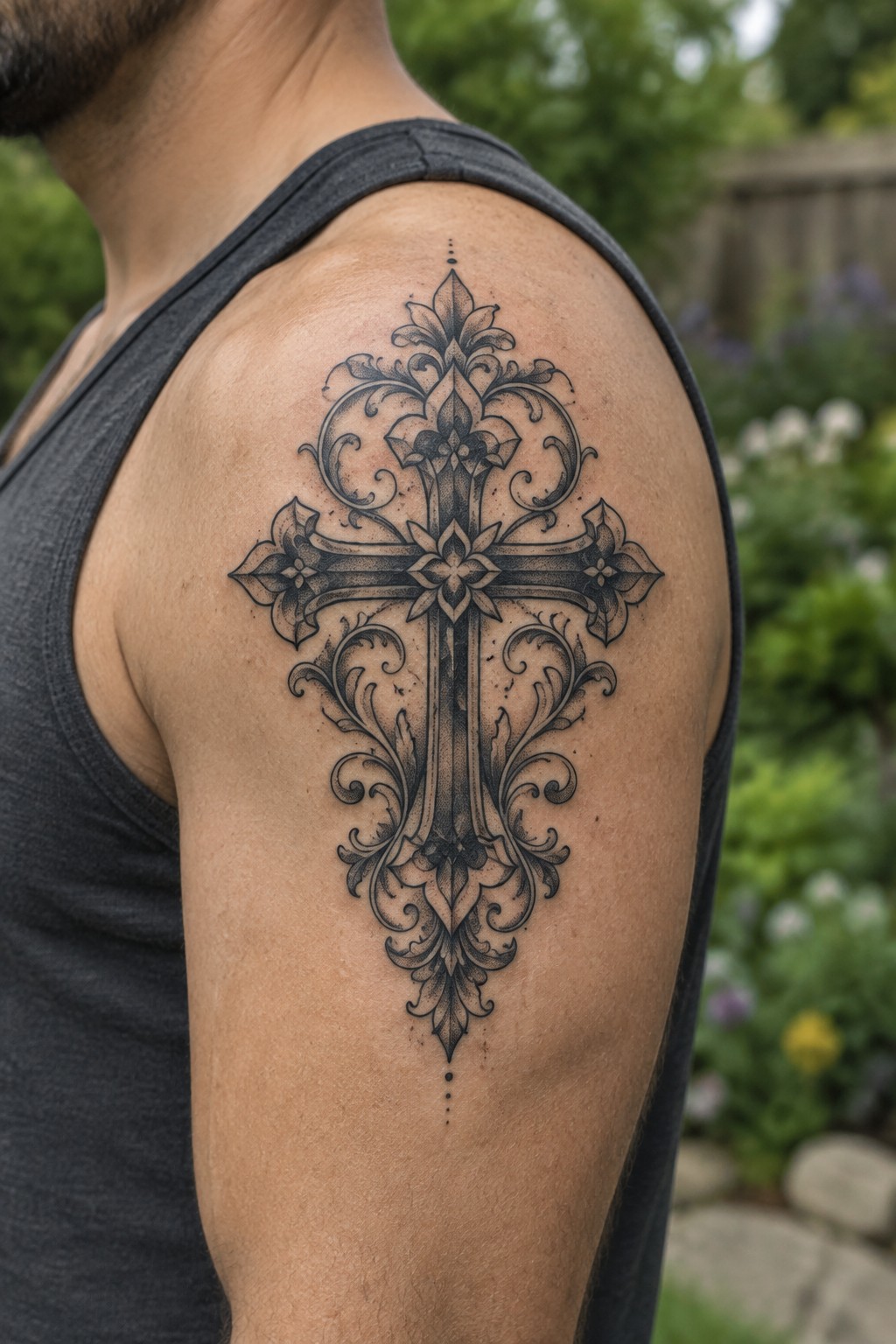 Ornate black cross tattoo on man's shoulder above gray tank top.