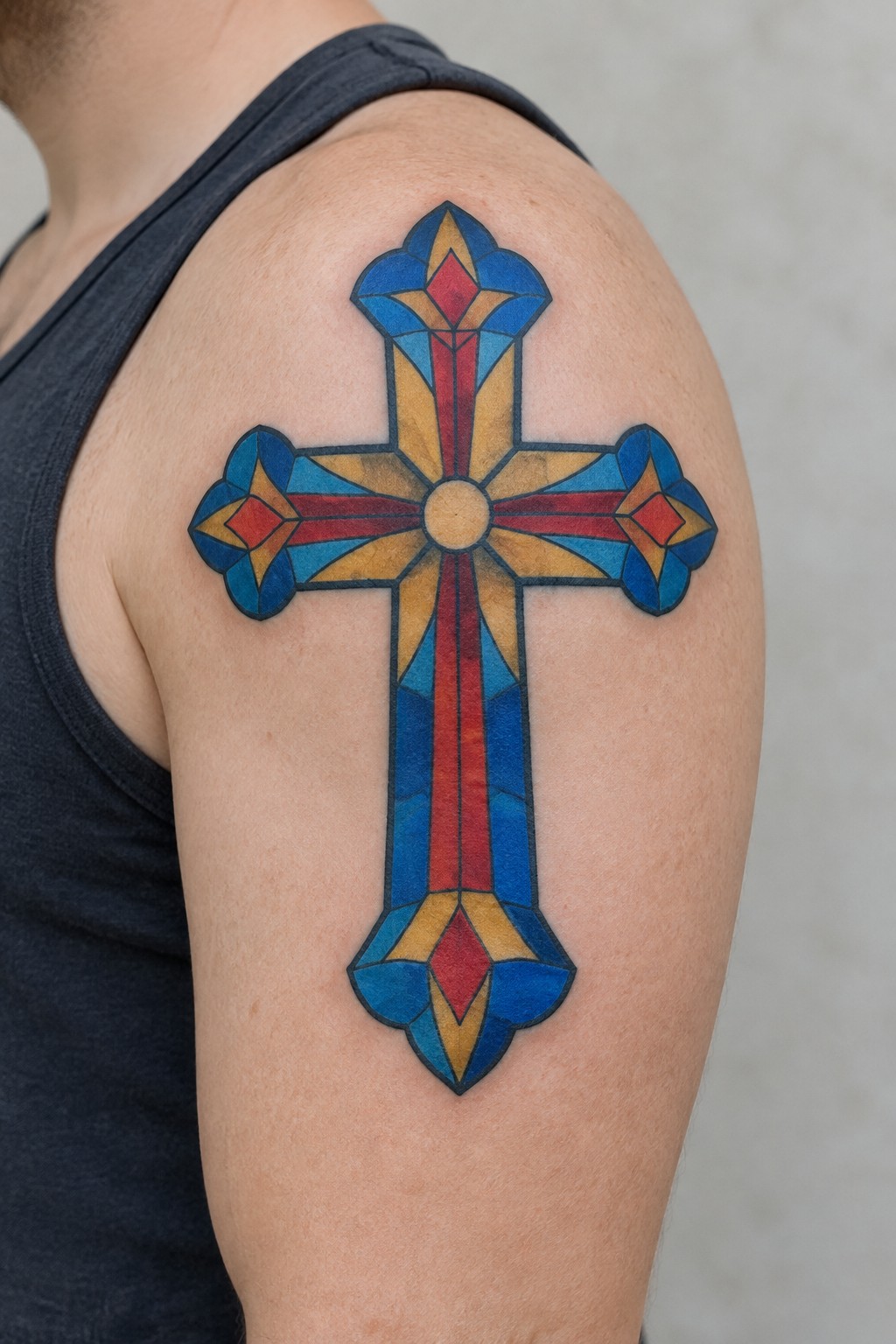 Colorful stained glass style cross tattoo on a man's upper arm with blue, yellow, and red sections