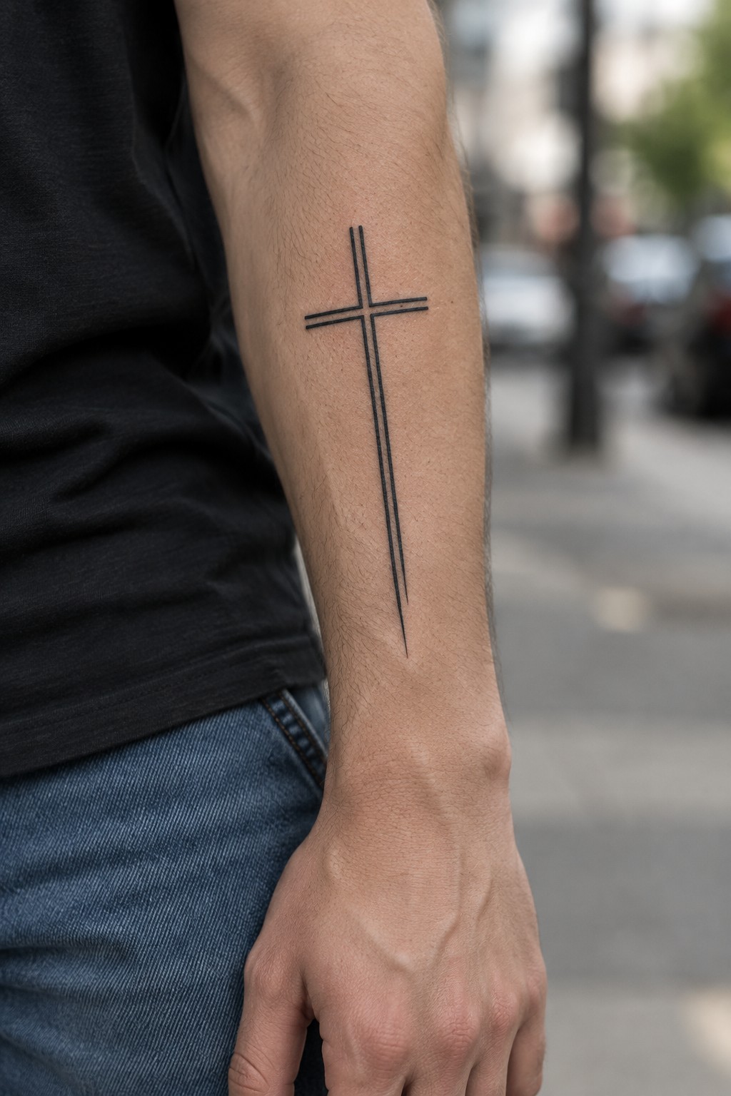Black cross tattoo on forearm of person in black shirt and blue jeans.